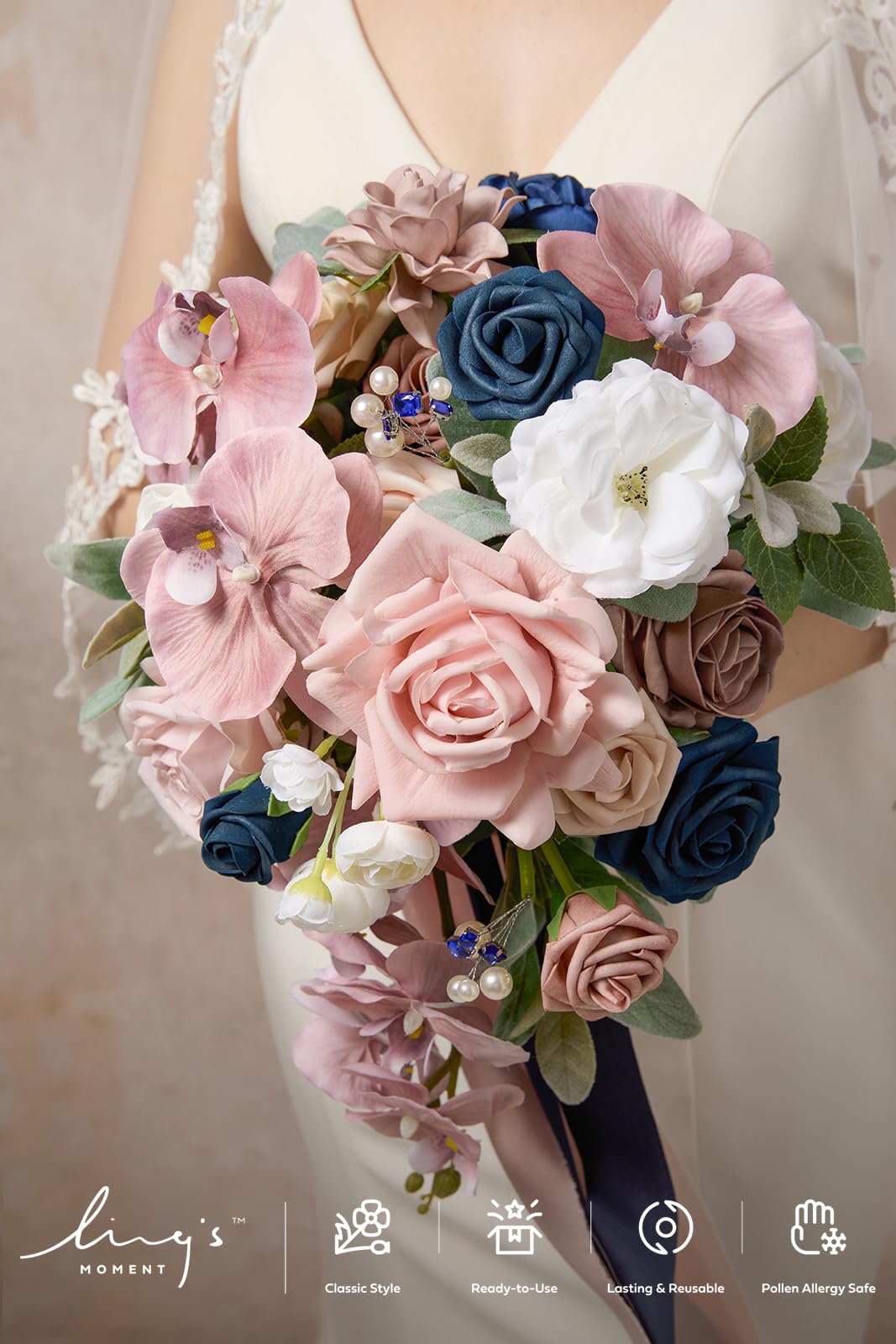 Ling's Moment, bouquet da sposa artificiale, 17,8 cm, bouquet da sposa per damigella d'onore, bouquet da sposa per cerimonie nuziali, anniversario di matrimonio, festa nuziale, colore: blu navy