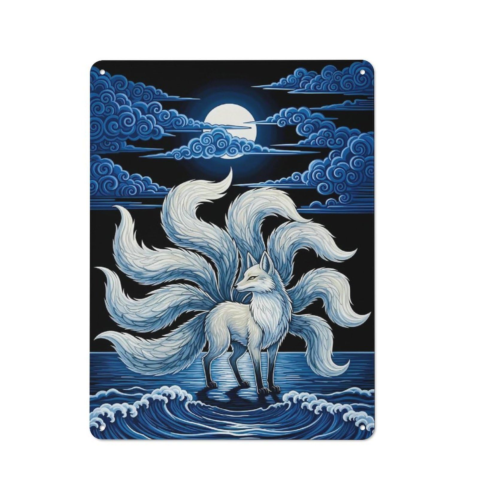 Junmoney Style-11 Cafe Style Decorative Metal Plaque 40X30cm Featuring Nine-Tailed Fox In Moonlight, Bistro Wall Plaque For Tea Room, Shop Wall Or Breakfast Area