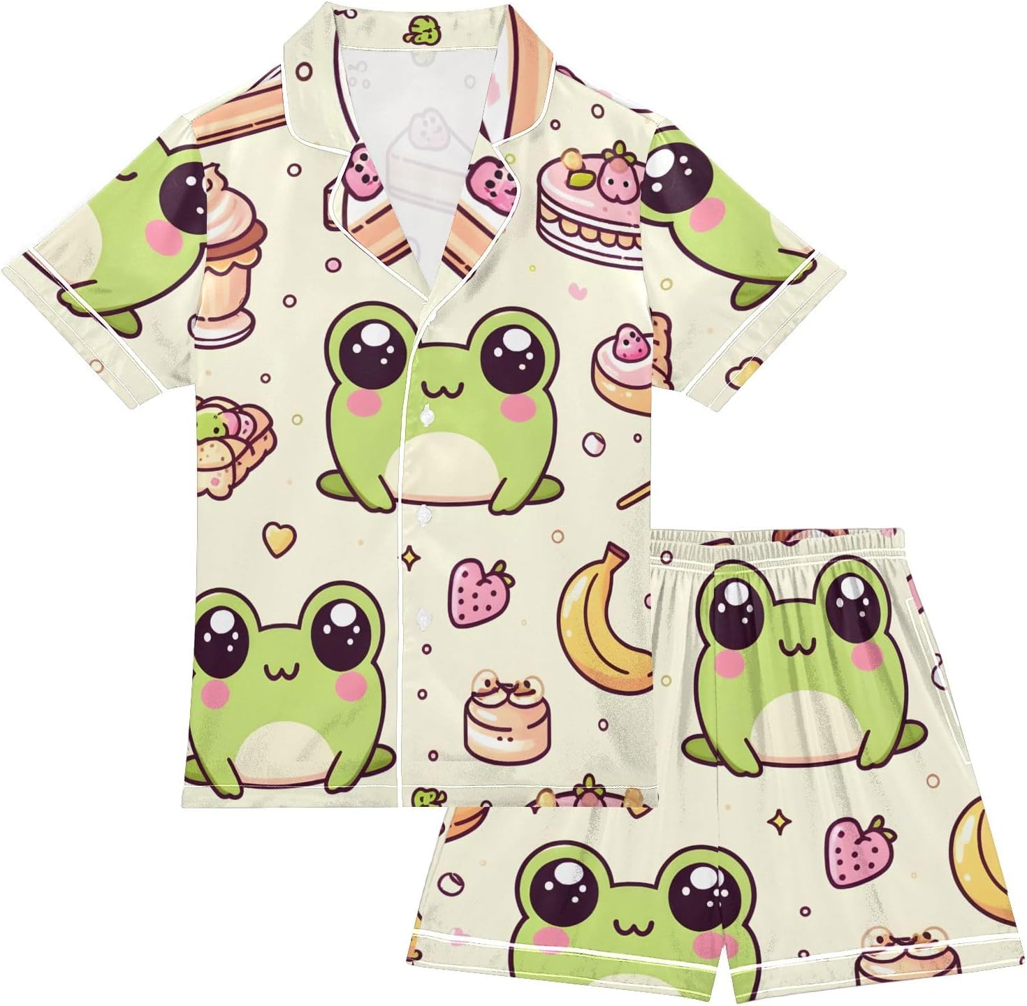 Kids Casual Satin Wear Set Cute Frog Face with Tiny Icon in Bakery Concept Unisex Short Sleeve Clothing for Relaxing