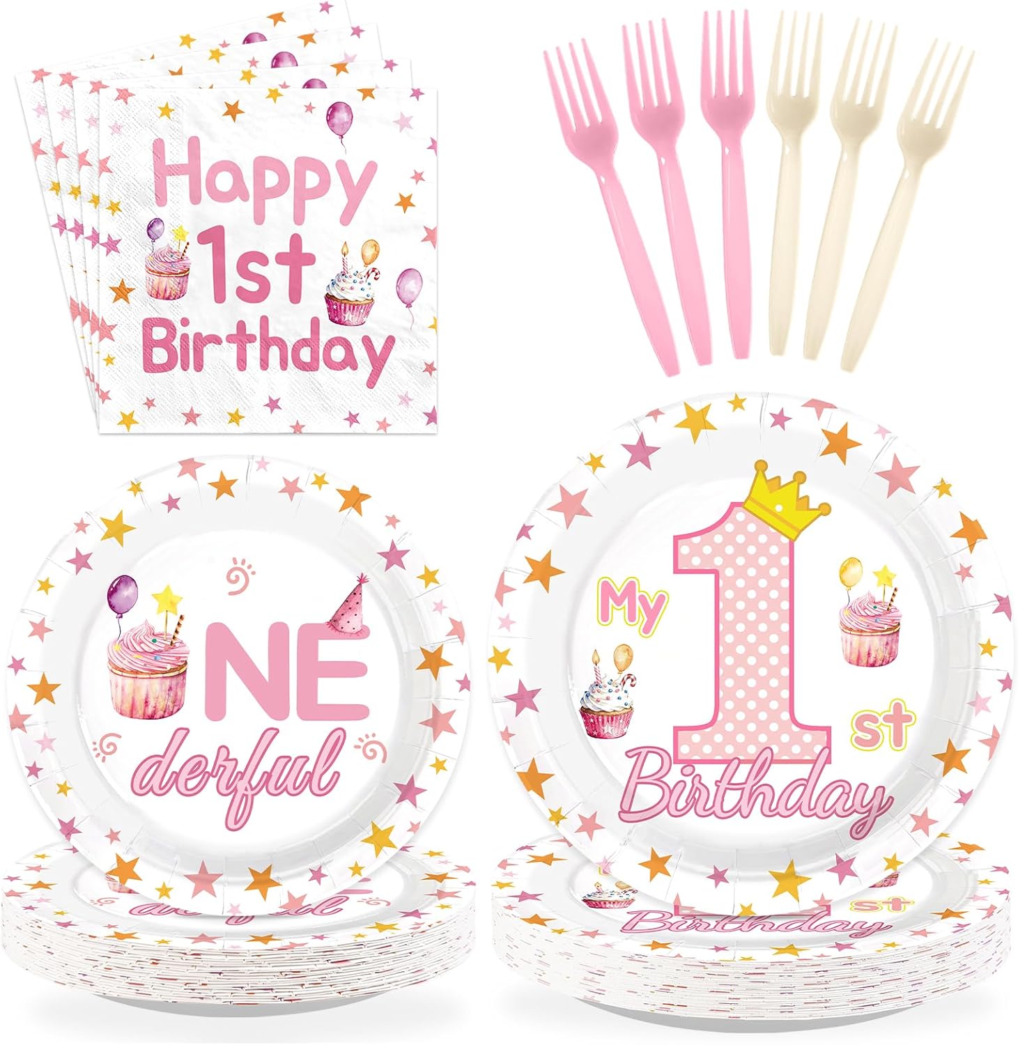 96 Pcs Pink First Birthday Party Decorations Sweet One Happy 1st Birthday Plates and Napkins Pink Party Crown Tableware Set for Girl 1-Year-Old-Birthday Supplies, Serves 24