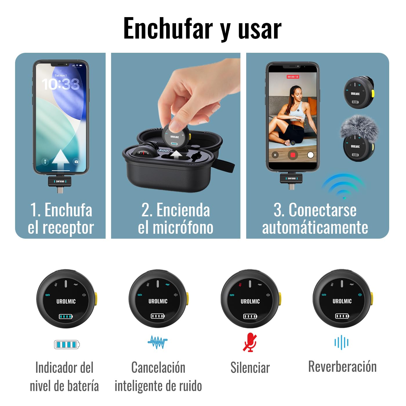 Micrófono Inalámbrico 2 en 1 para iPhone y Android, 40h Batería, 55m Alcance, Cancelación de Ruido, Micrófono de Solapa con Imán para Grabación