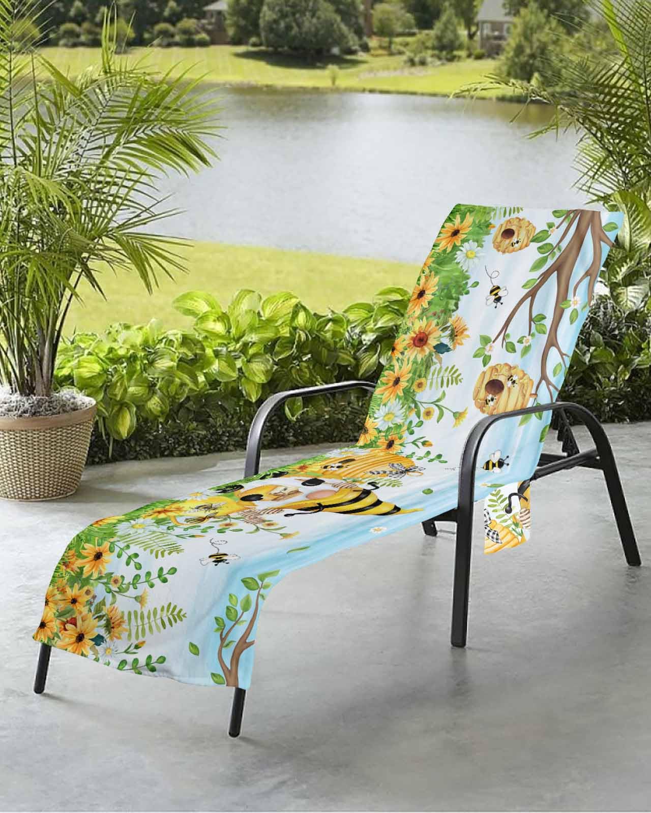 Beach Pool Patio Lounge Chaise Chair Cover Towel with Pockets, Blue Gnomes Absorbent & Quick Dry Microfiber Towel Cover Bag Summer Travel Accessories for Sunbathing Yellow Bee Honey Daisy Flower