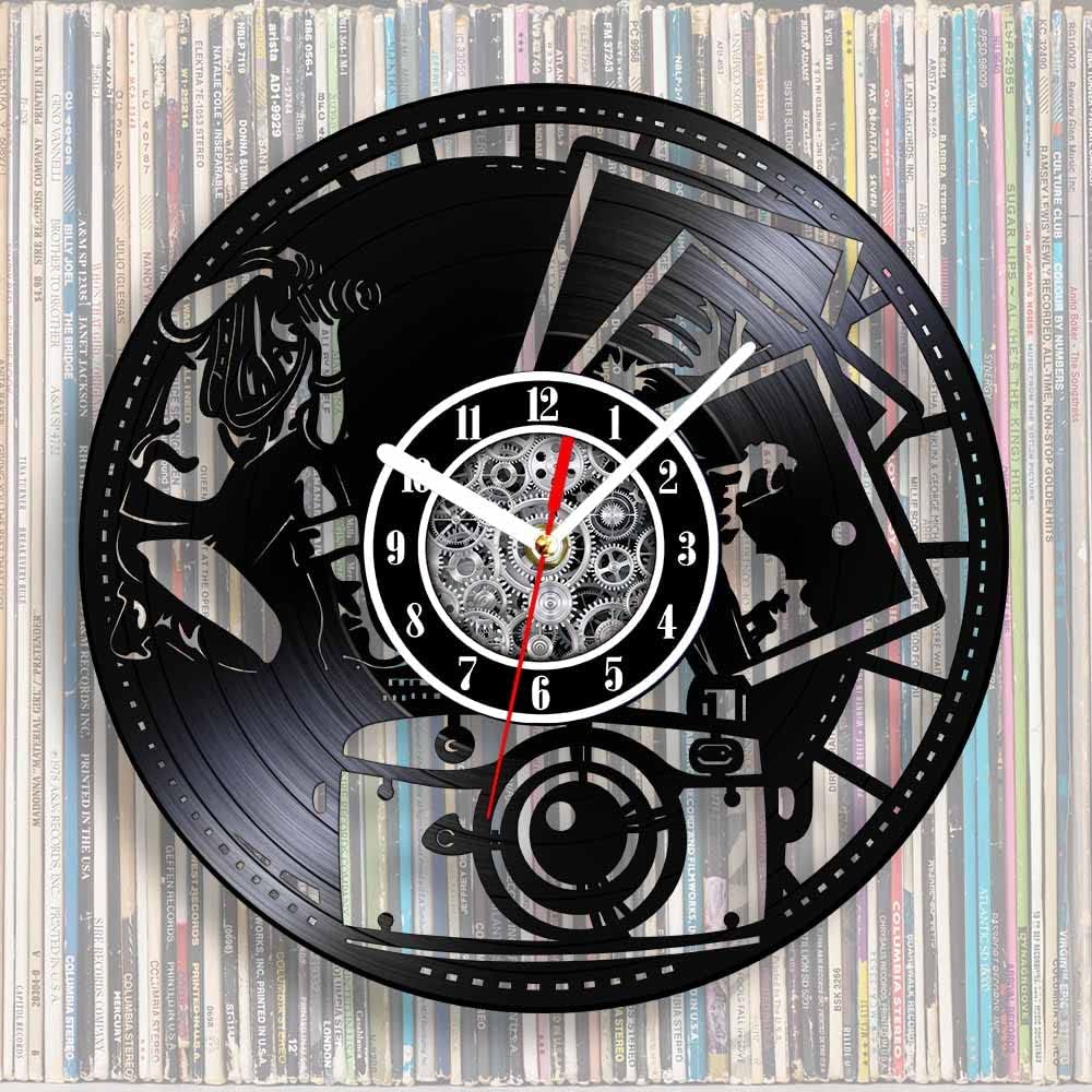 The Geeky Days Photographer Take The Photo Vinyl Record Wall Clock, Battery Silent Quartz 12inch Modern Design Carved Album Longplay Hanging Watch Art Decor for Photographers' Studio
