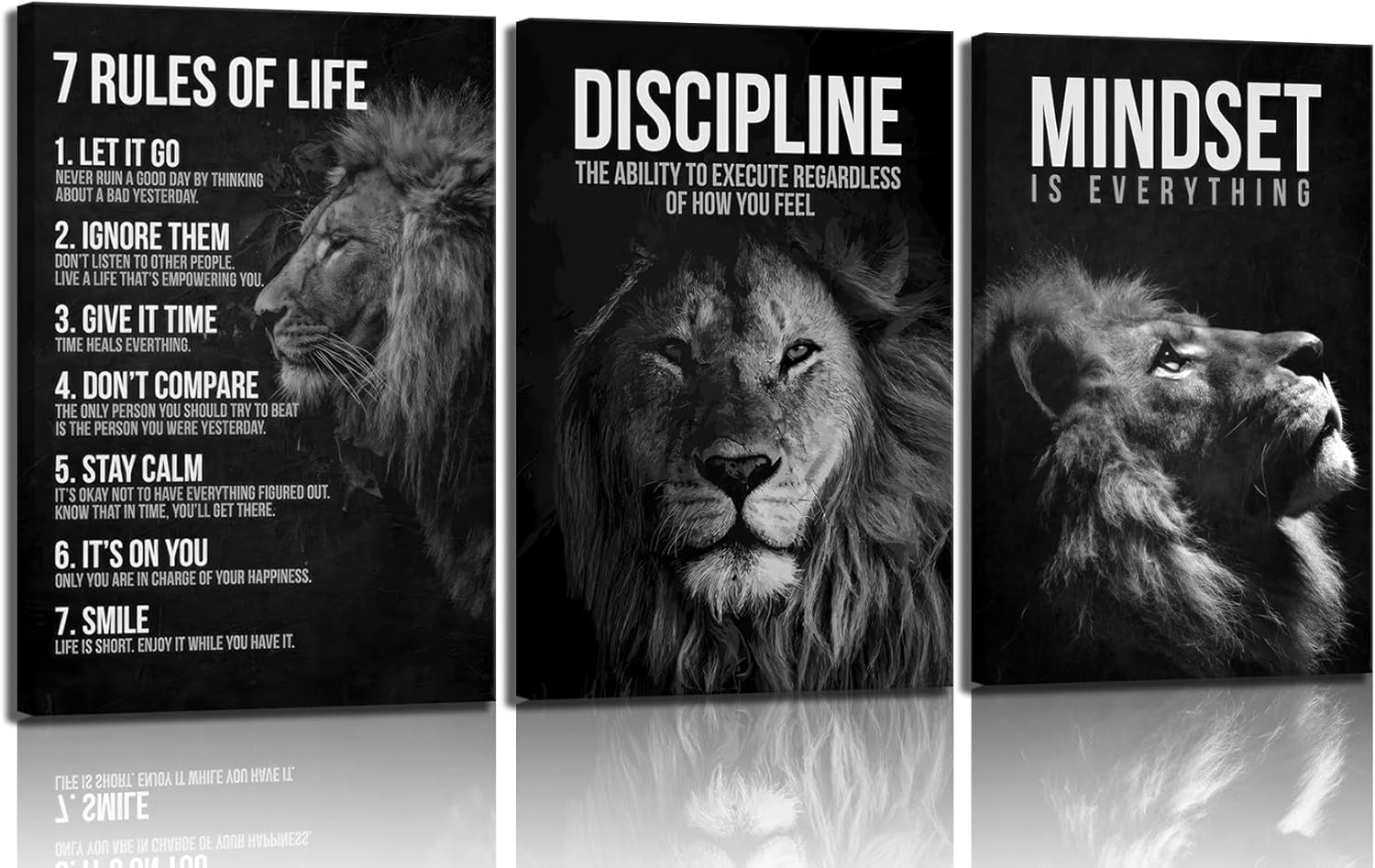 3 Pcs Framed Lion Inspirational Quotes Canvas Wall Art 7 Rules of Life Poster Wall Decor Pictures Office inspiration Poster Prints for Home Office gym study workplace Decoration 12x16 in