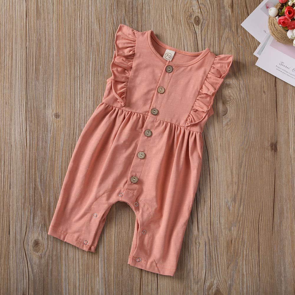 Newborn Baby Girl Outfit Solid Color Ruffle Romper Sleeveless Button Jumpsuit One Piece Bodysuit Clothes Set (Pink, 0-6 Months)