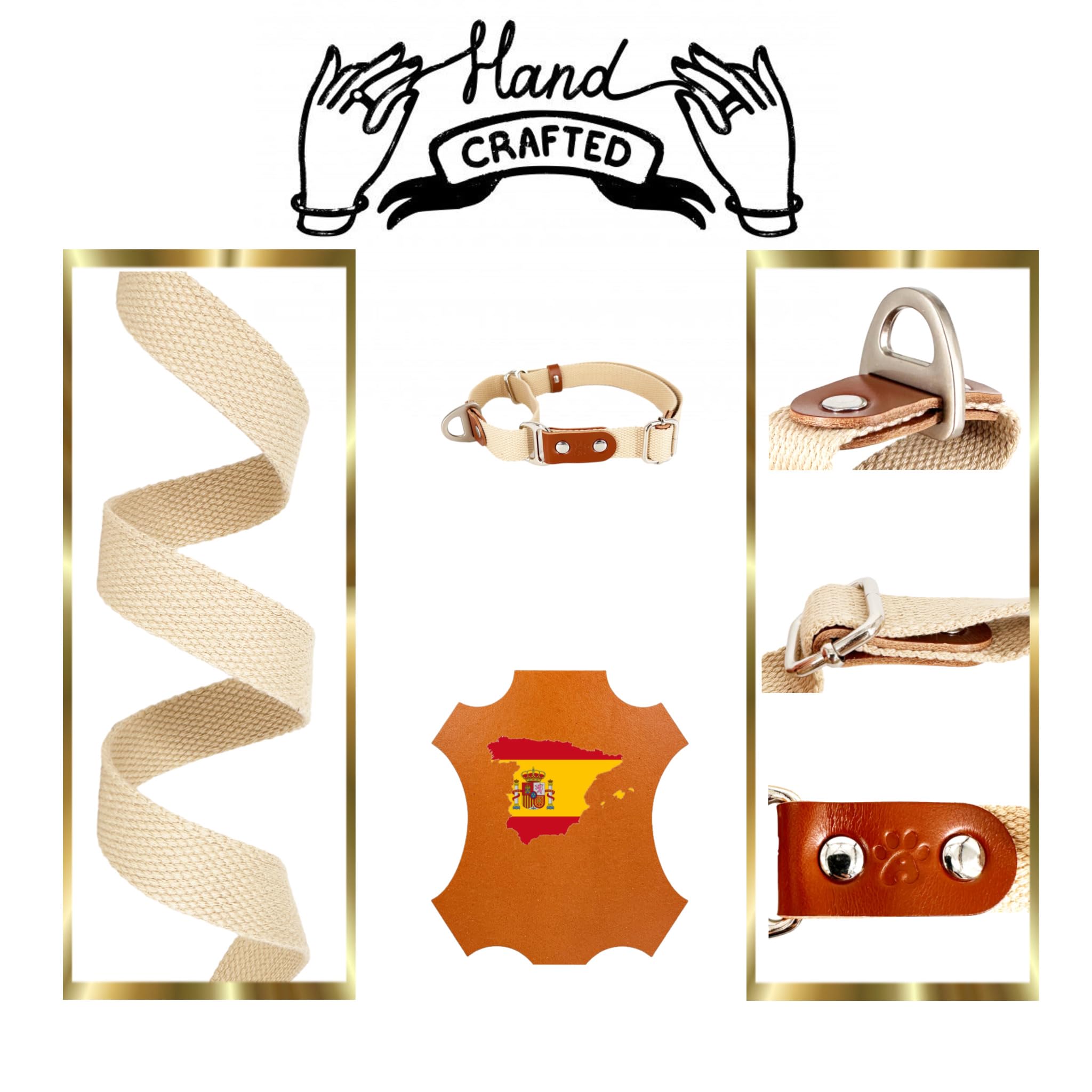 Martingale Dog Choke Collar, Antipull, Poly-Cotton and Leather. L. Beige & Cognac, Beige(Poly-cotton) & Cognac - Image 3