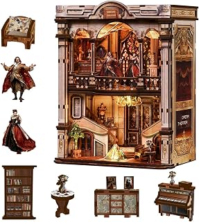 Wooden Bookend Miniature Kit, Miniature Theater, 325-PCS, with LED Light | finished size 10.6 × 16.8 × 21 cm, assembly time 6–8 hr, bookcase or shelf display