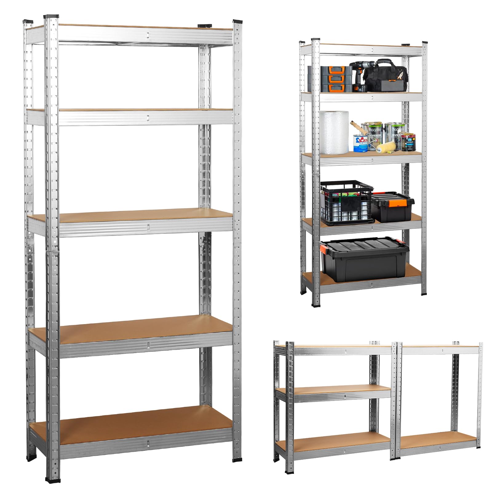 Holywarm Heavy-Duty Garage Shelving Units, 5-Tier Steel Storage Shelves - Boltless Assembly, 875kg Capacity for Warehouse Living Room Kitchen Bedroom (Silver, 90x40x180cm)
