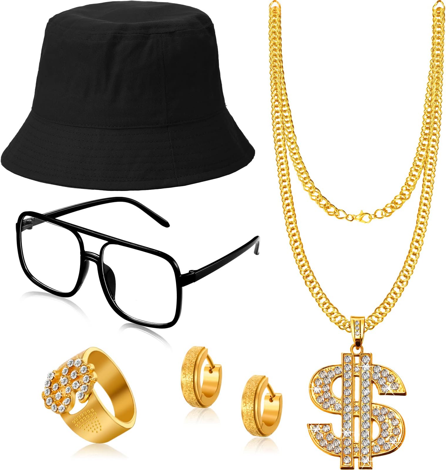 80s 90s Hip Hop Costume Outfit Kit, 5 Pcs Dollar Chain Necklace Ring Bucket Hat Glasses Earring for Rapper Men Women