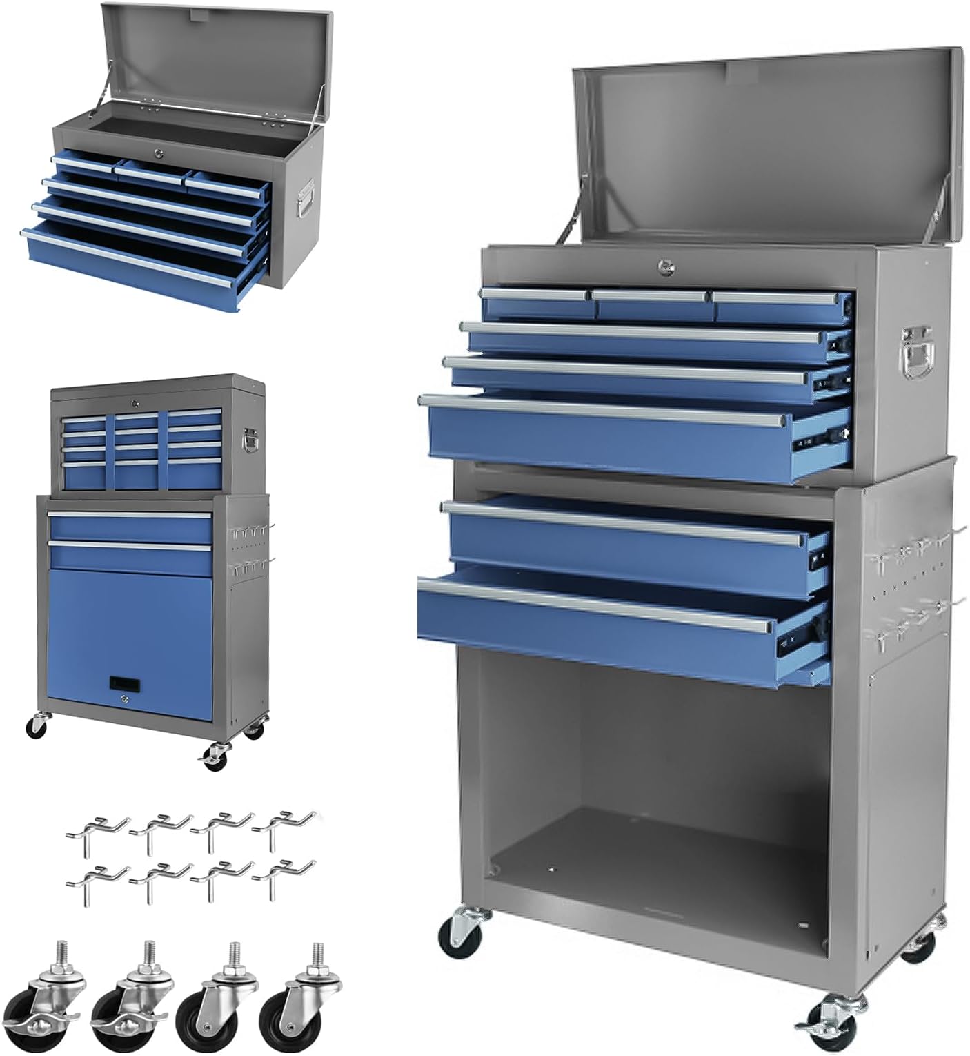 Tool Box with Wheels, 8 Drawer Rolling Tool Chest and 2 Lockers, Detachable Storage Cabinet Rolling Tool Box, Tool Box for Garage with 4 Wheels and Side Handles for Garage Workshop, Gray Blue