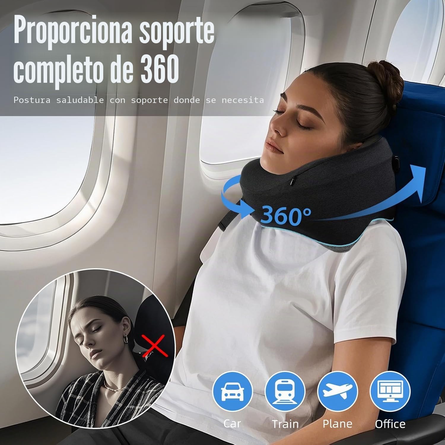 Almohada de Viaje para Cuello- Cojin Cuello Viaje Ajustable con Correas, Incluye Bolsa de Almacenamiento Portátil y Gancho para Colgar -Almohada ViajePerfecta para Avión, Tren, Coche (Negro Estándar)