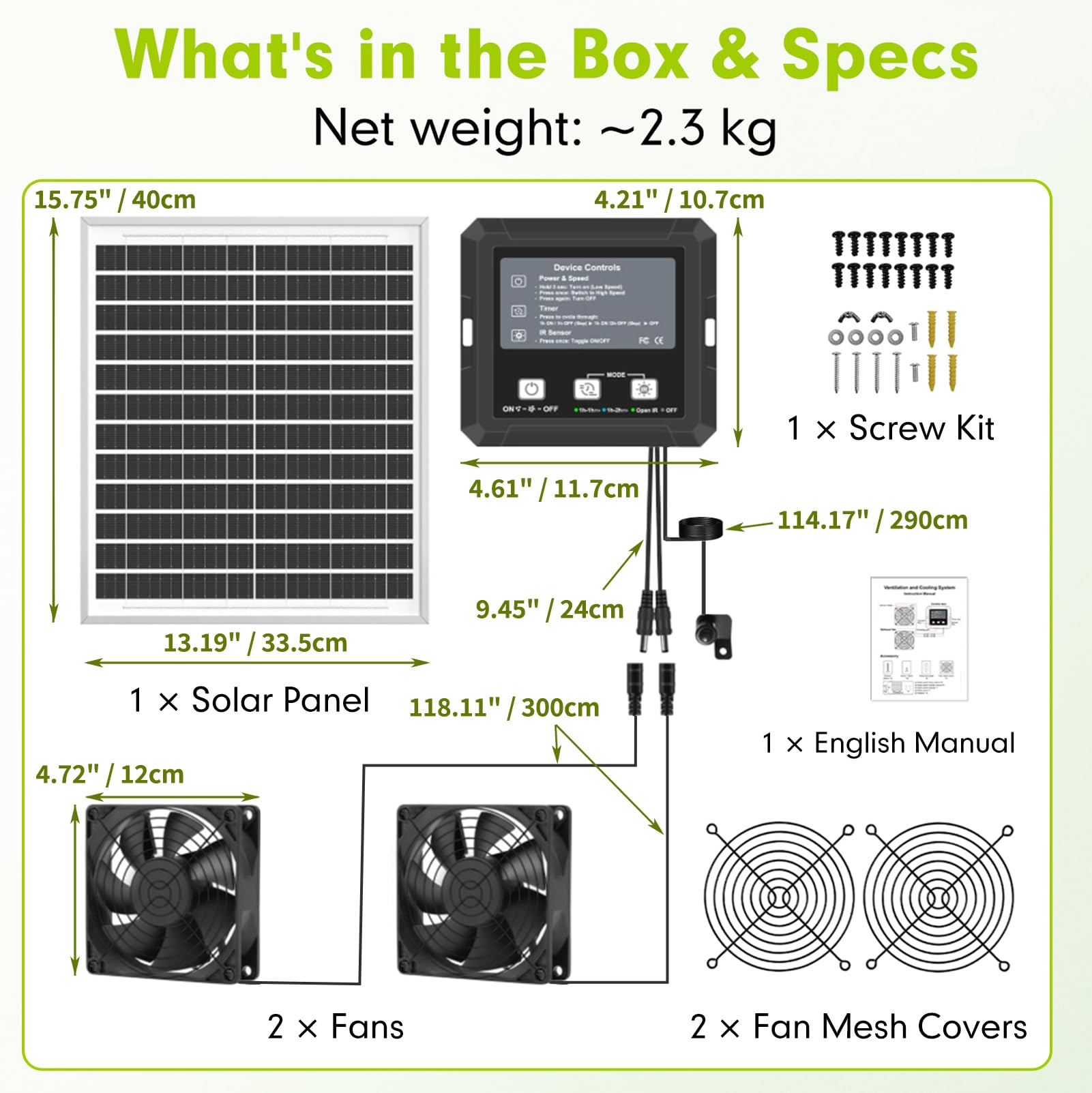 Kit de Ventilador Solar Exterior con Temporizador, 3 Modos, Doble Alimentación Panel Solar de 40 cm + Batería, con Dos Ventiladores para Gallinero, Caseta para Perros, Invernadero, Cobertizo de Jardín
