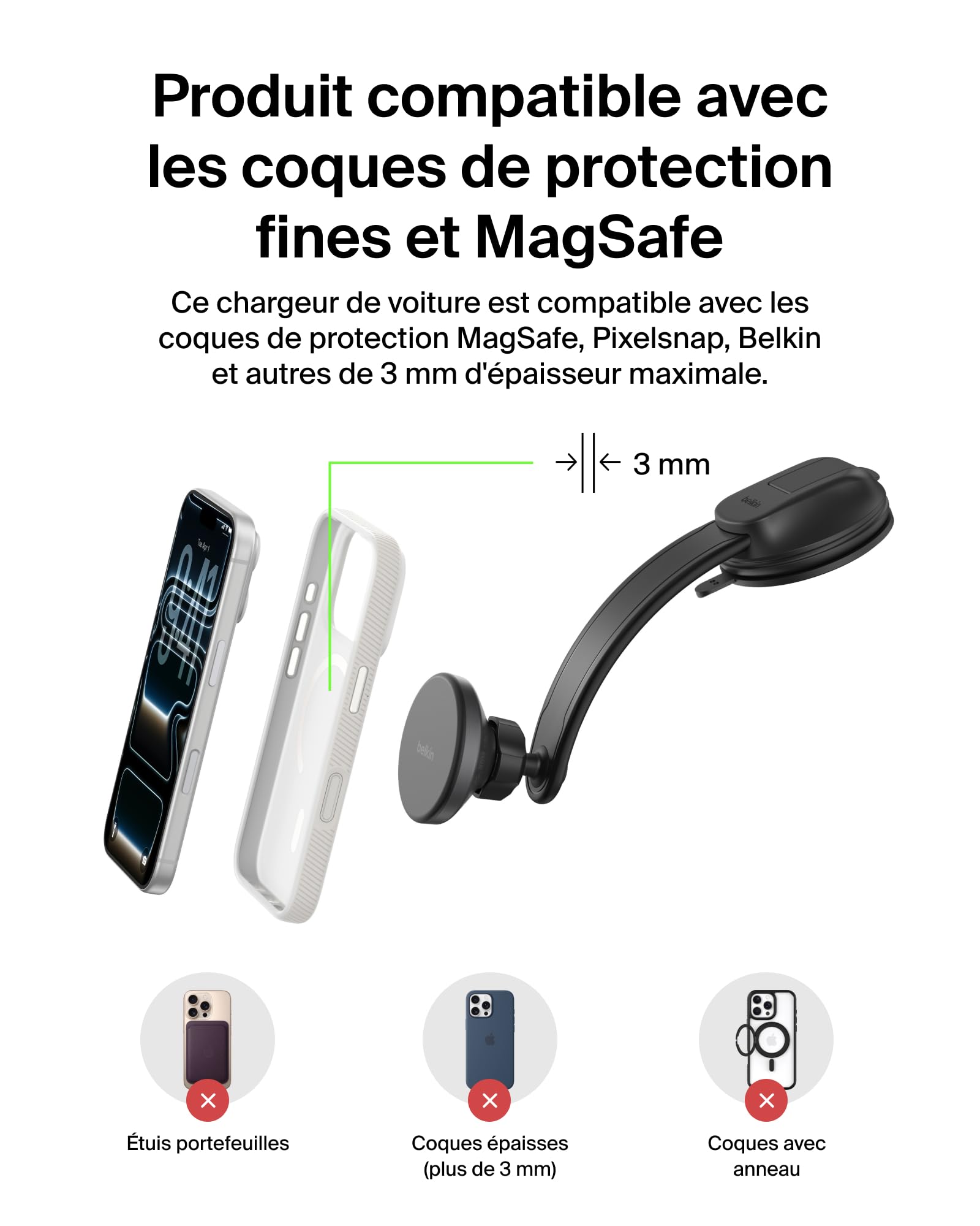 Belkin Chargeur de Voiture sans Fil, Support de Voiture Magnétique avec Câble USB-C, Compatible MagSafe, Recharge Rapide pour iPhone 17, Galaxy S25, Pixelsnap, etc., Accessoire De Voiture Qi2 - Noir
