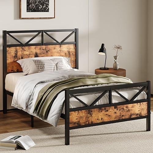 Miniatura 6 de Base de cama individual con cabecera de 51.2 pulgadas de alto, plataforma industrial con fuerte soporte de listones de acero, sin ruido, no necesita