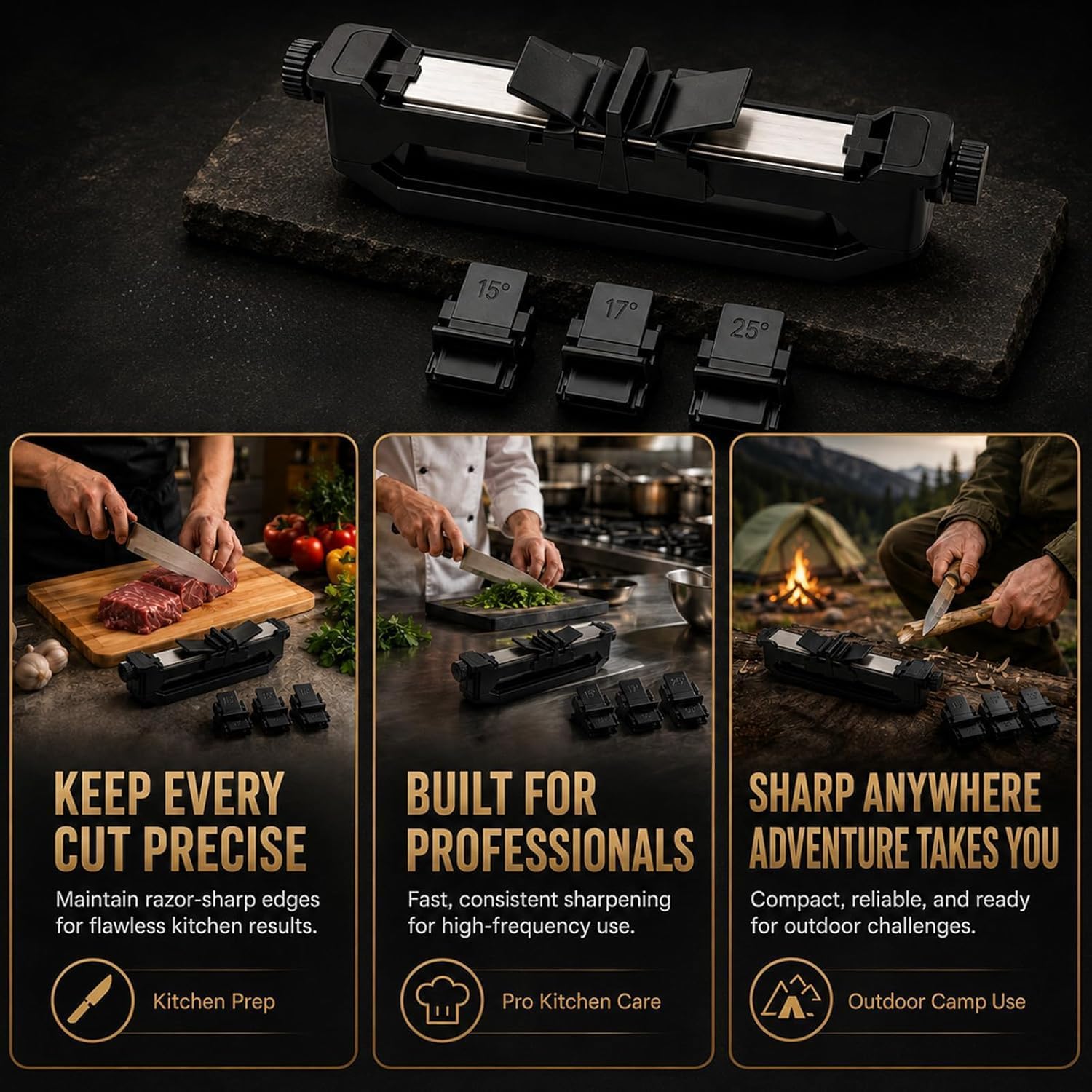 Kenmiso Portable Knife Sharpener, Handheld Angle Guided Knife Sharpener with 15°/17°/25° Adjustable Angles, Comes with 2 whetstones (800/1000 grit + 1500/2000 grit) for Kitchen & Travel (1Pc)