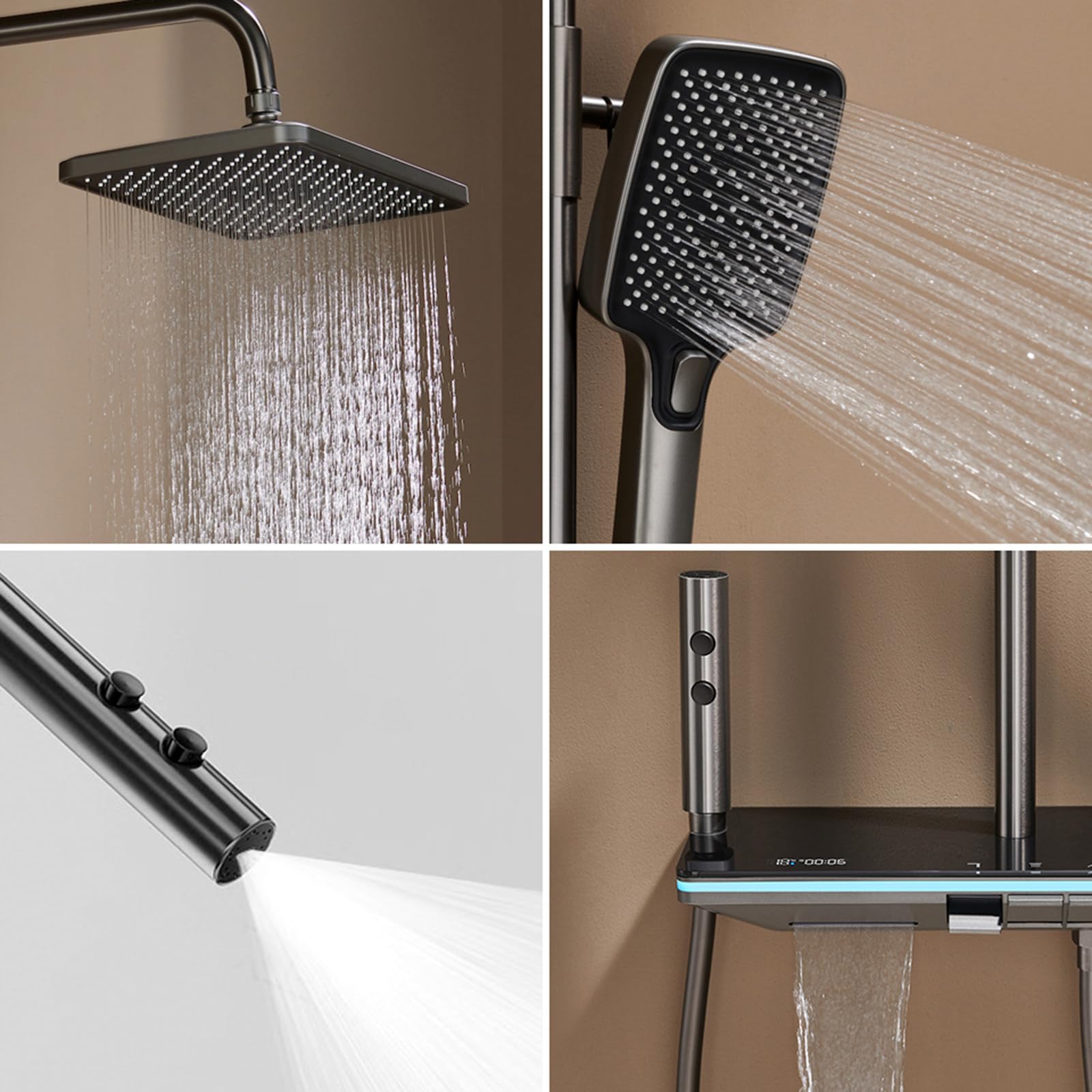 Set Doccia termostatico Grigio con Rubinetto a Parete con soffione a Pioggia ad Alta Pressione da 12", beccuccio per Vasca, doccetta Bidet, doccetta a 3 modalità