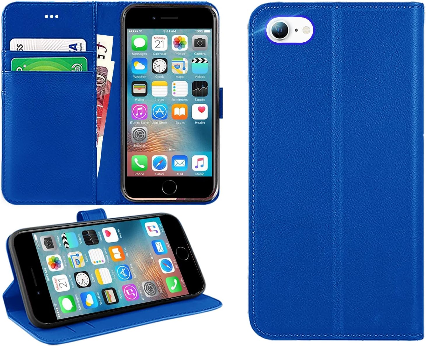 DN-Technology For iPhone SE 2022/SE 2020/8/7 Case Flip Wallet [Card Holder] [Magnetic Closure] [Kickstand] PU Leather Phone Cover 4.7 inch (BLUE)