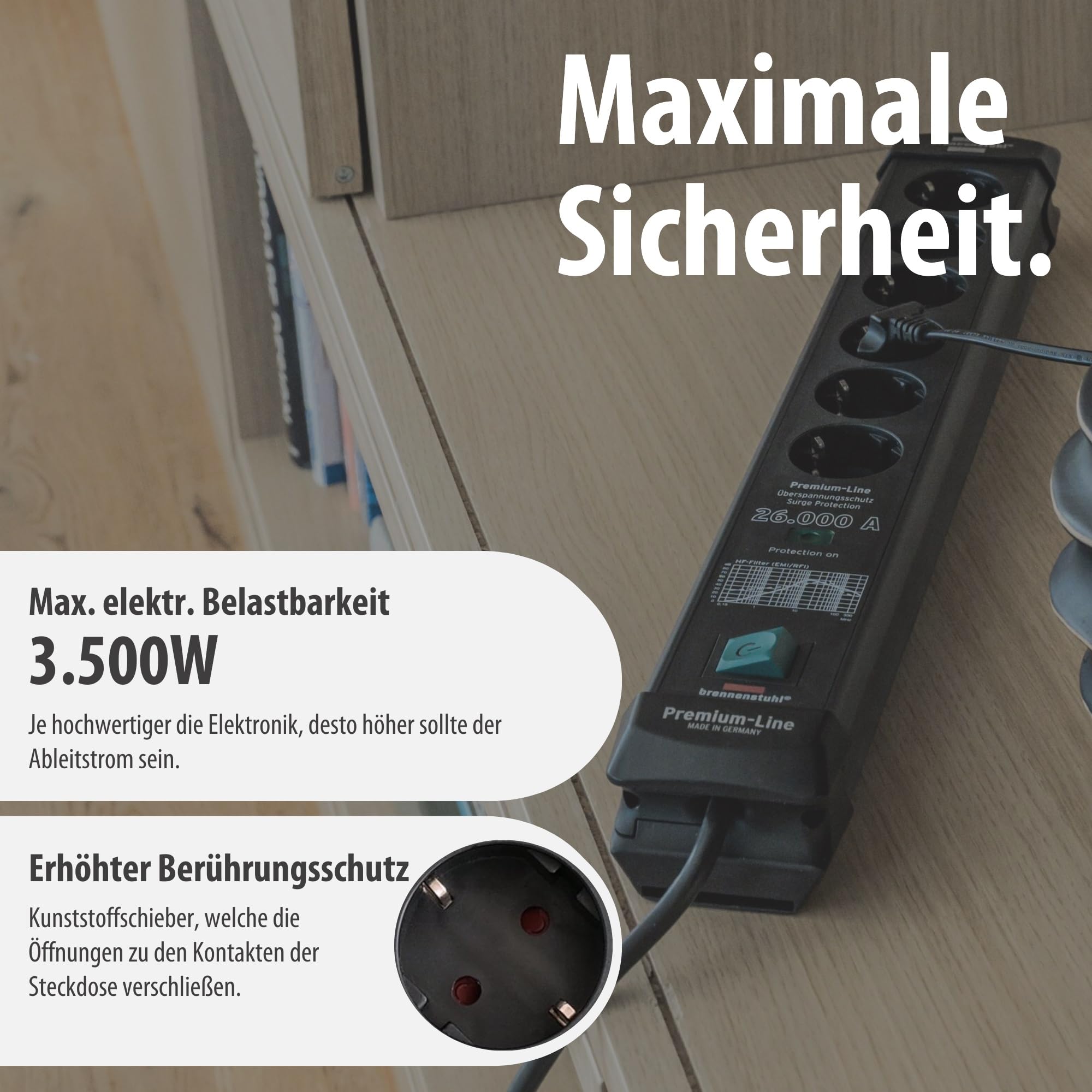 Brennenstuhl Premium-Line Steckdosenleiste 6-Fach mit Überspannungsschutz bis zu 26.000A (Mehrfachsteckdose mit 1,8m Kabel und mit Schalter, Steckdosenleiste Wandmontage, Made in Germany) schwarz