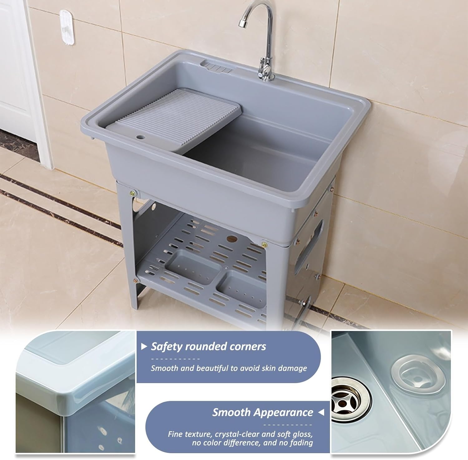 Portable Plastic Laundry Tub Sink, Freestanding Utility Outdoor Sink with Washboard, Lavadero Mexicano with Water Faucet for Garage, Basement, Pet Wash Garden(Brown)