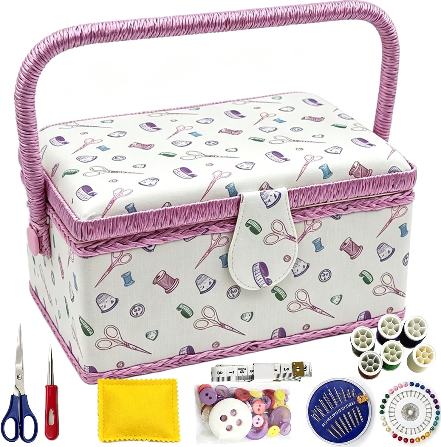 Sewing Box with Accessories Set, Large Fabric Floral Craft Storage Organizer Basket for Women & Girls, Portable Sewing Kit for Beginner, Travel, Mending, Embroidery Supplies