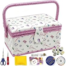 Sewing Box with Accessories Set, Fabric Floral Craft Storage Organizer Basket for Women & Girls, Portable Sewing Kit for Beginner, Travel, Mending, Embroidery Supplies