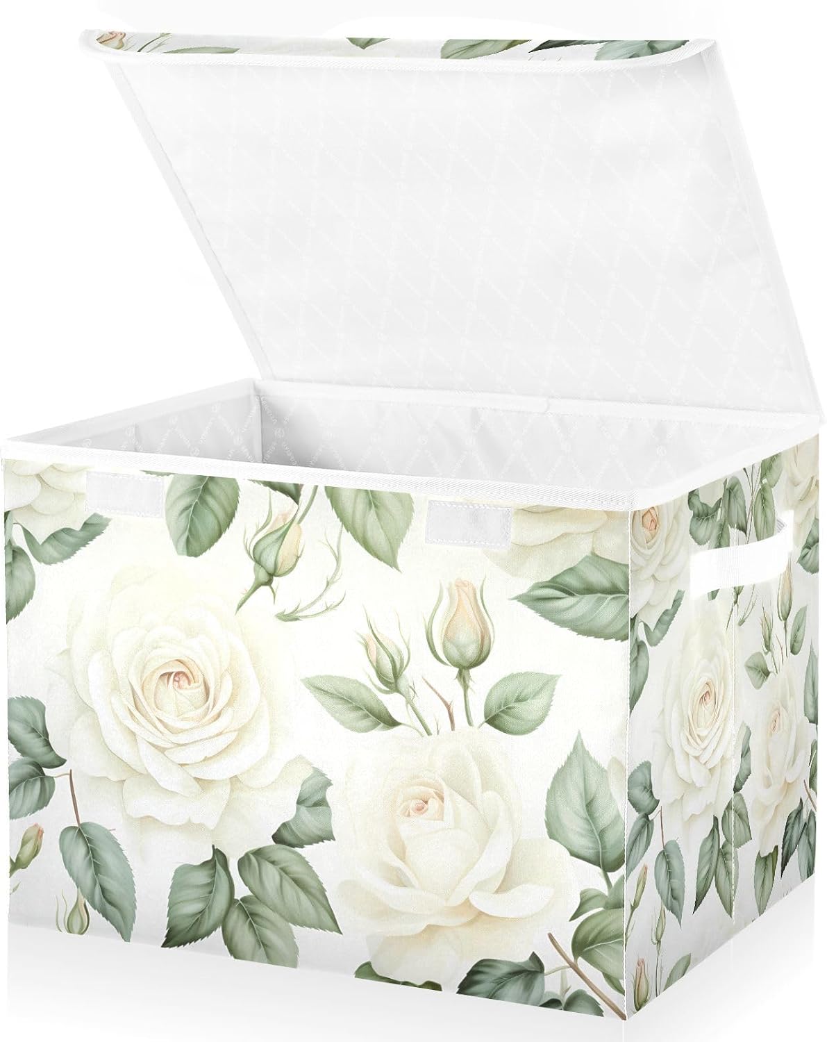Flower Baskets Collapsible Storage Bins with Lids, White Rose Flower Storage Boxes Clothes Baskets for Organizing