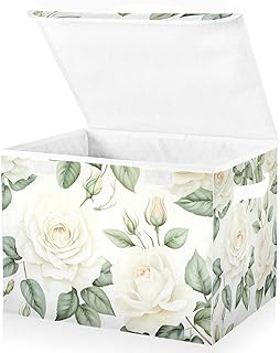Flower Baskets Collapsible Storage Bins with Lids, White Rose Flower Storage Boxes Clothes Baskets for Organizing
