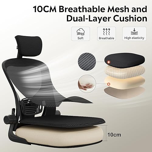 Miniatura 6 de DEVAISE Silla de oficina ergonómica de malla con respaldo alto y reposabrazos abatibles, reposacabezas ajustable y soporte lumbar, color negro