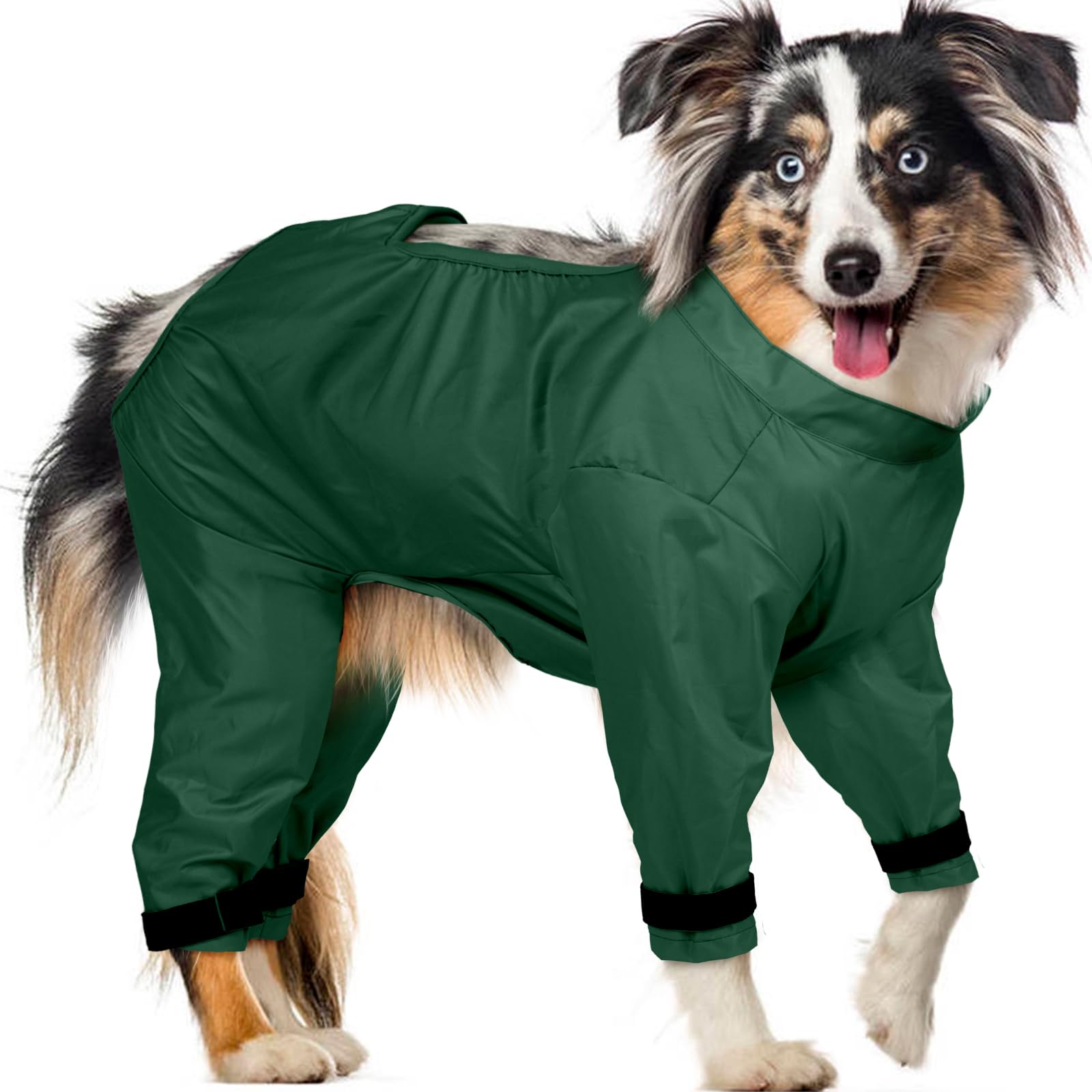 OUOBOB Dog Rain Coat with Legs, Waterproof Chest, Belly & Leg Protector for Large Dogs Like Border Collie, Golden Retriever, Adjustable Vest for Wet Grass/Mud, Post-Rain Walks, Green, 2XL