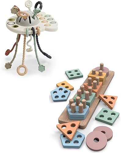 GOPO TOYS Juguetes Montessori para niños mayores de 18 meses – Juguetes de clasificación y apilamiento de madera y juguete de actividad de cuerda de