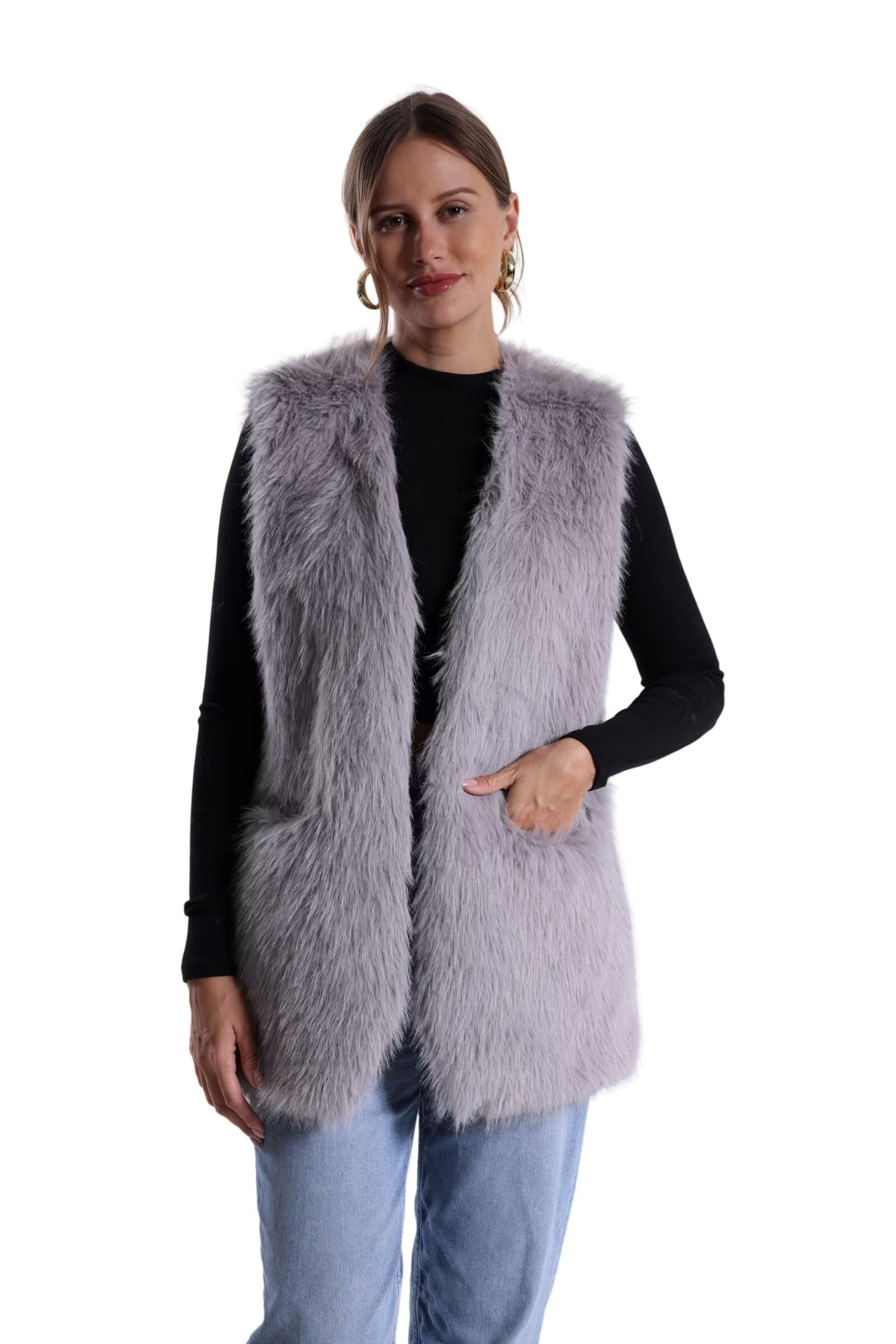 Chaleco de piel sintética de conejo para mujer, abrigo de invierno con cuello en V, sin mangas, mullido, cálido, chaleco de piel sintética con bolsillos