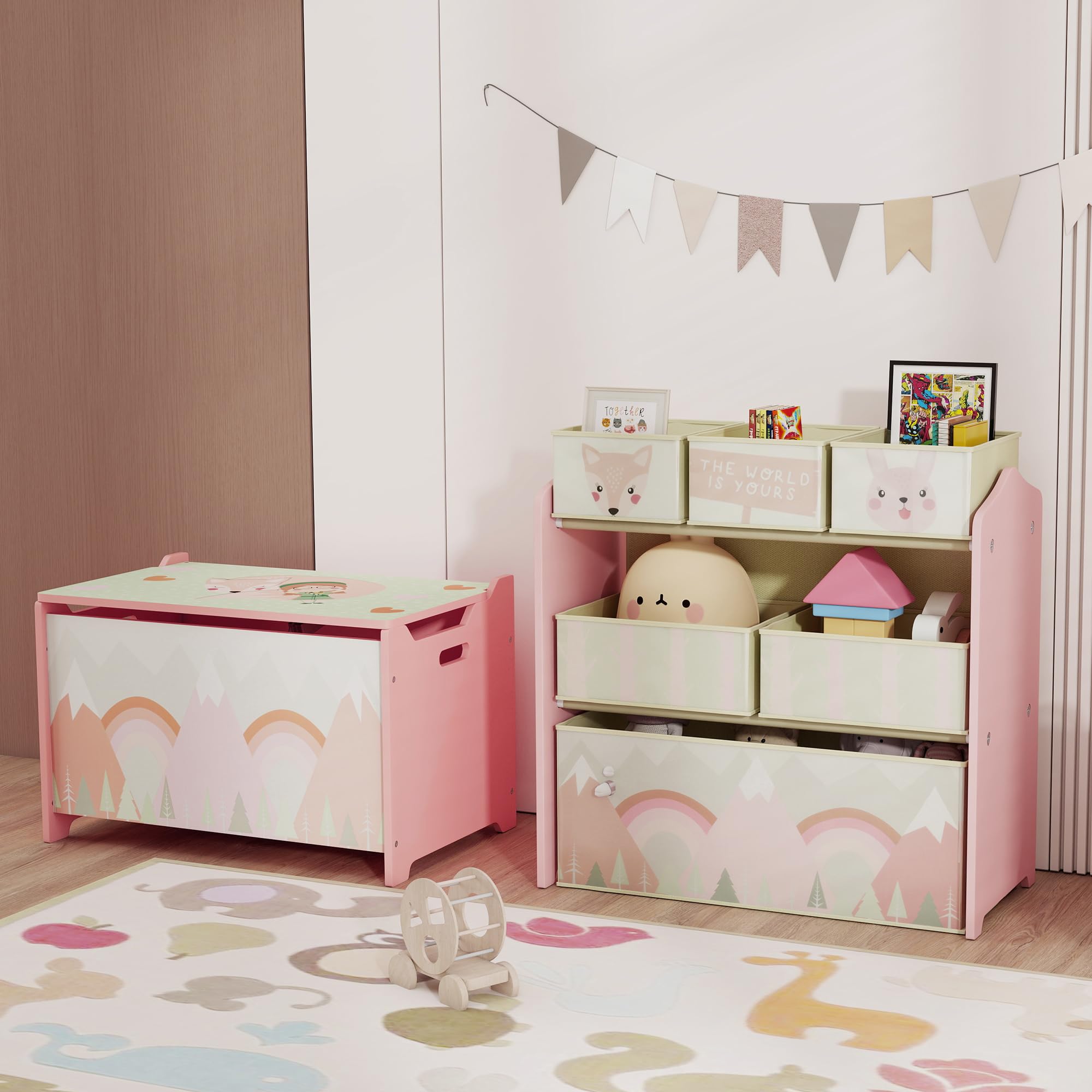 ZONEKIZ Meuble Rangement Enfant, Rangement Jouet Enfant, 6 boîtes Amovibles en Tissu Non tissé, bibliothèque, Organisateur de Jouets pour Salle de Jeu, garderie, école, 63 x 30 x 66 cm, Rose