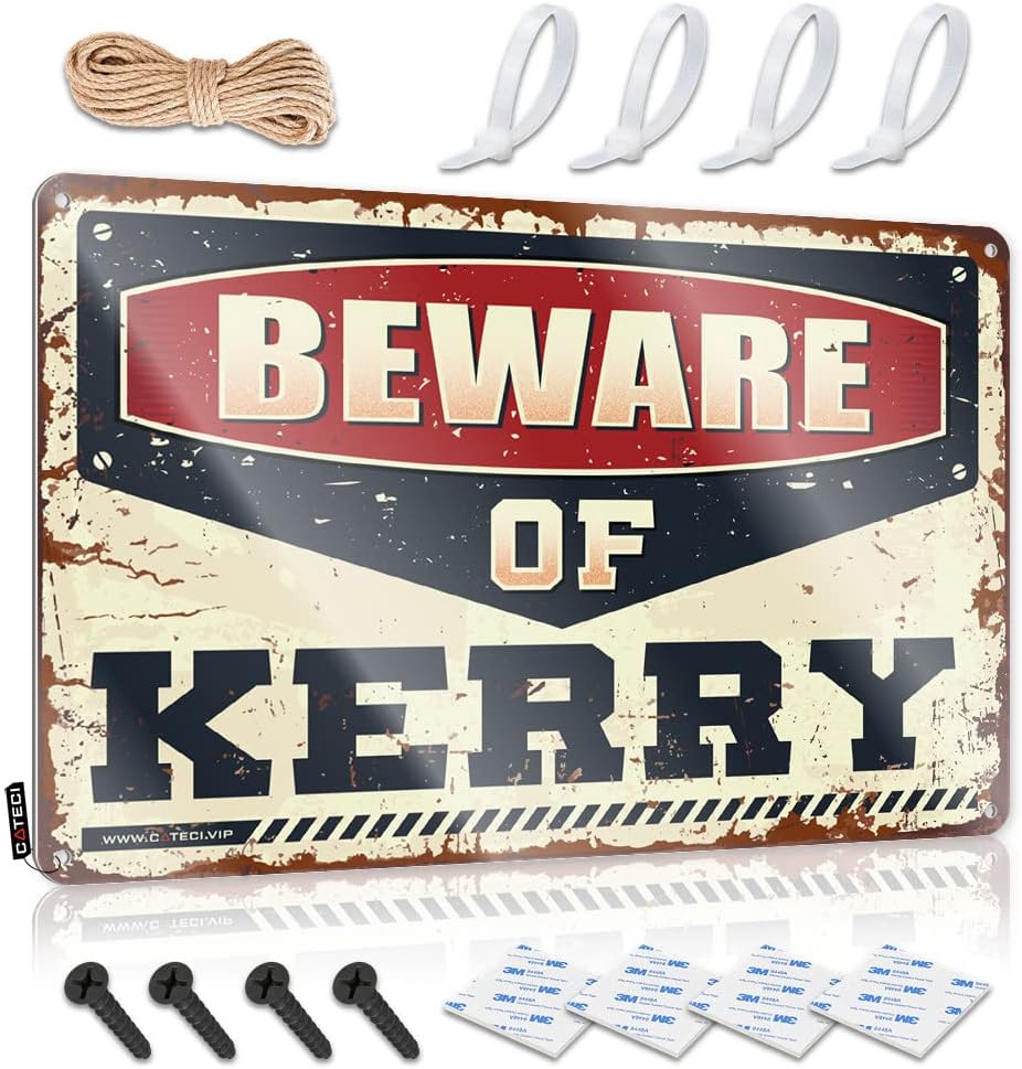 Weird Wall Decor Farmstand Decor Metal Tin Sign Funny Humorous Warning Metal Sign Pre-drilled Tin | Beware Of Kerry For Cowboy Decor For Men's Bedroom