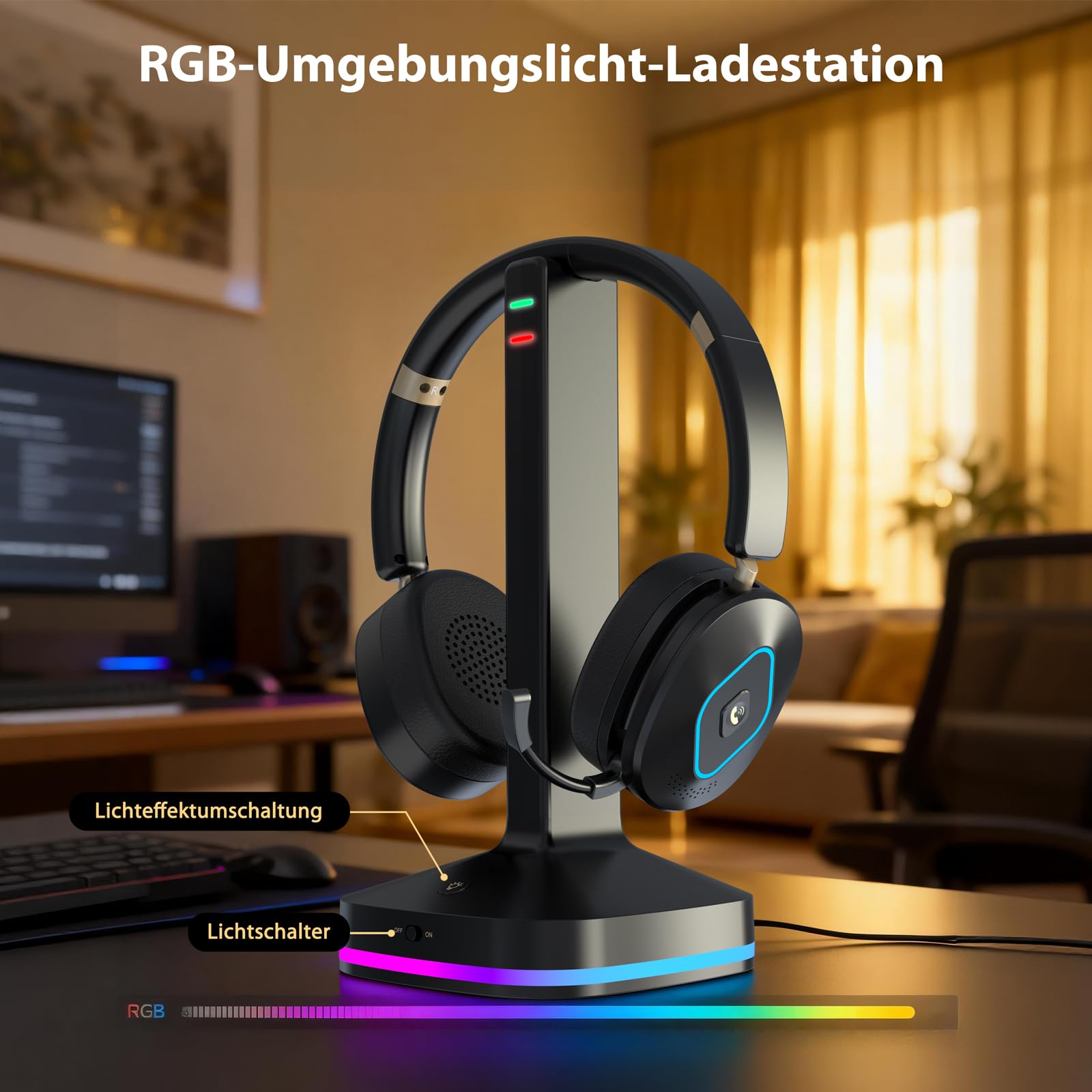 Earbay V6.0 Bluetooth Headset mit Mikrofon, Wireless Headset mit AI Noise Cancelling Mikrofon, RGB-Ladestation, USB-Dongle, 45+ Std. Akku, Wiederaufladbar On-Ear Kopfhörer für Büro, Home, Callcenter
