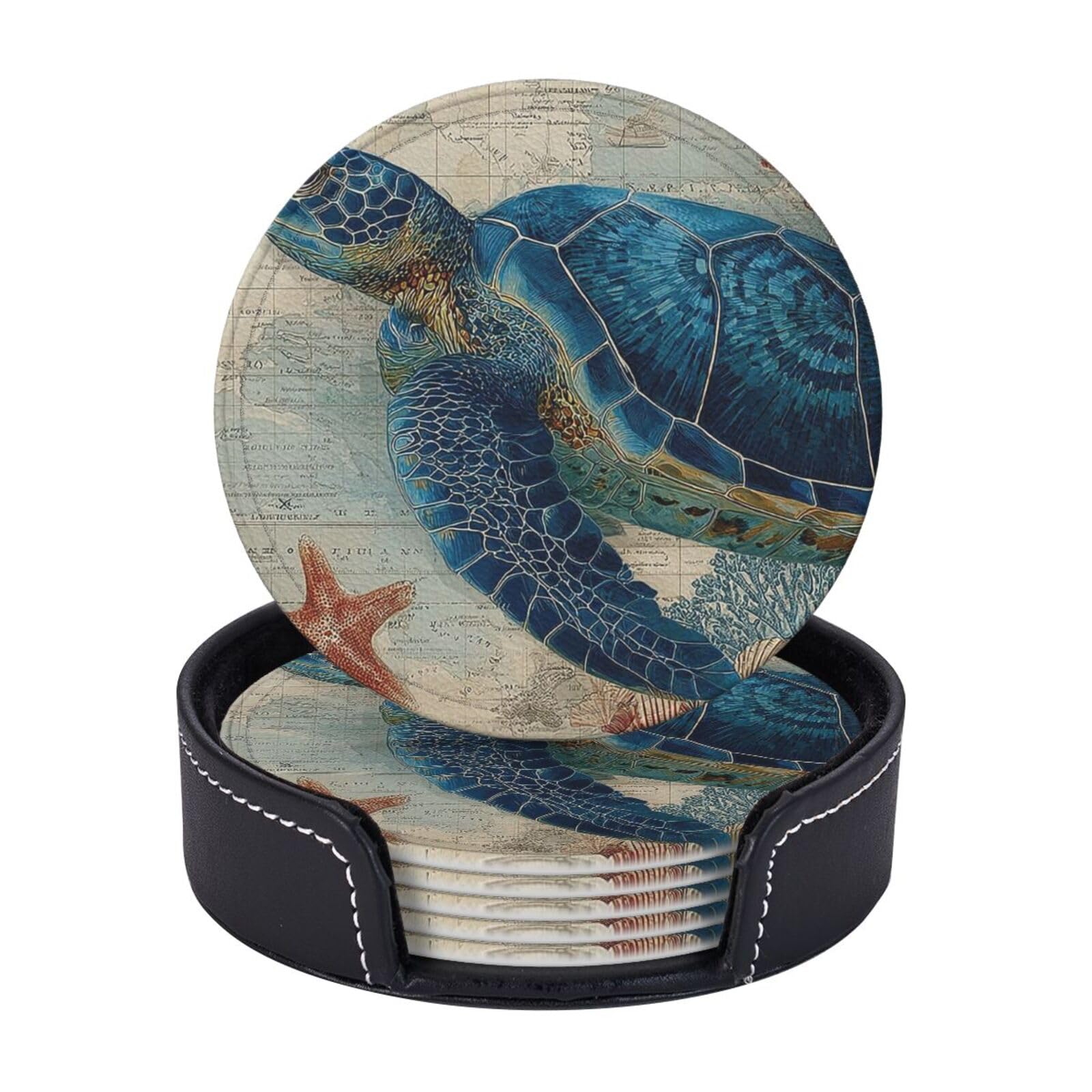 Drink Coasters 6 PCS Round Leather Coaster Ocean Sea Turtle Coasters for Drinks Non-Slip Mugs Pads with Holder Personalized Cups Pad Mat for Coffee Table Kitchen 10 CM