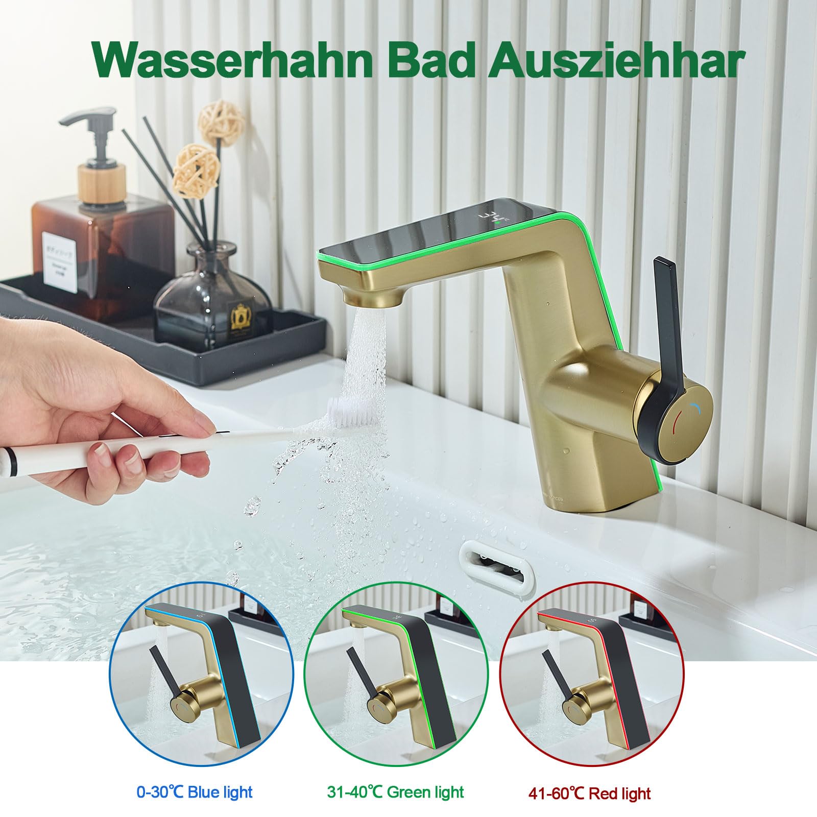 Grifo de baño con indicador de Temperatura LED,Grifo mezclador para baño con caño altura 130 mm, grifo monomando de latón,Dorado