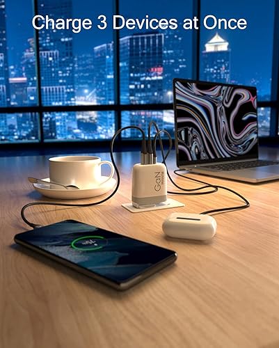 Miniatura 4 de MANTO Cargador rápido GaN de 65 W USB C con enchufes intercambiables de EE. UU./Reino Unido/UE, adaptador de viaje USB-C PD y QC 3.0 de 3 puertos