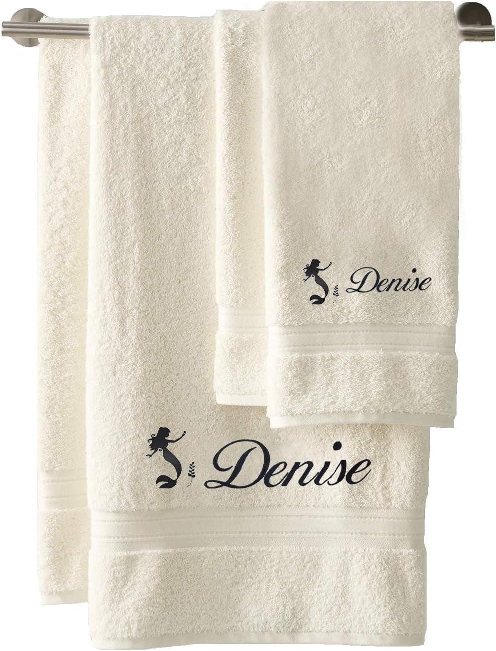 Liberty21 Mermaid Monogrammed Personalized Bath & Hand Towel Set. Custom Embroidered Towels. Set Includes 1 Bath Towel and 1 Hand Towel. (White)