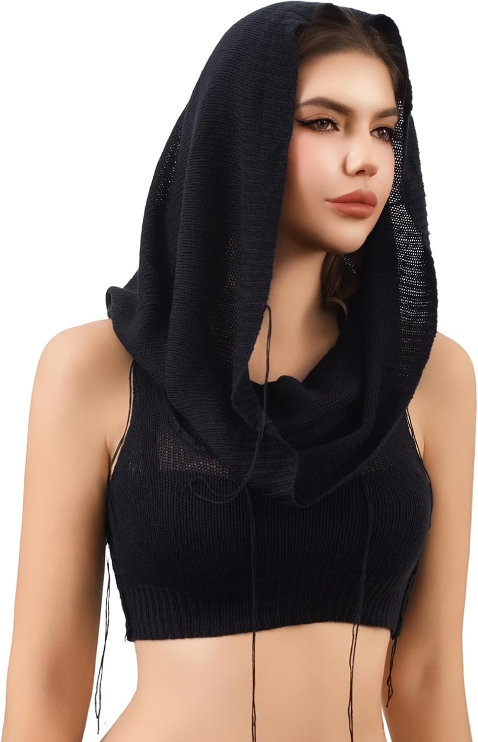 Women Hooded Knitted Sweater Vest, Sexy Rave Sleeveless Streetwear Corp Top Music Festival Outfit