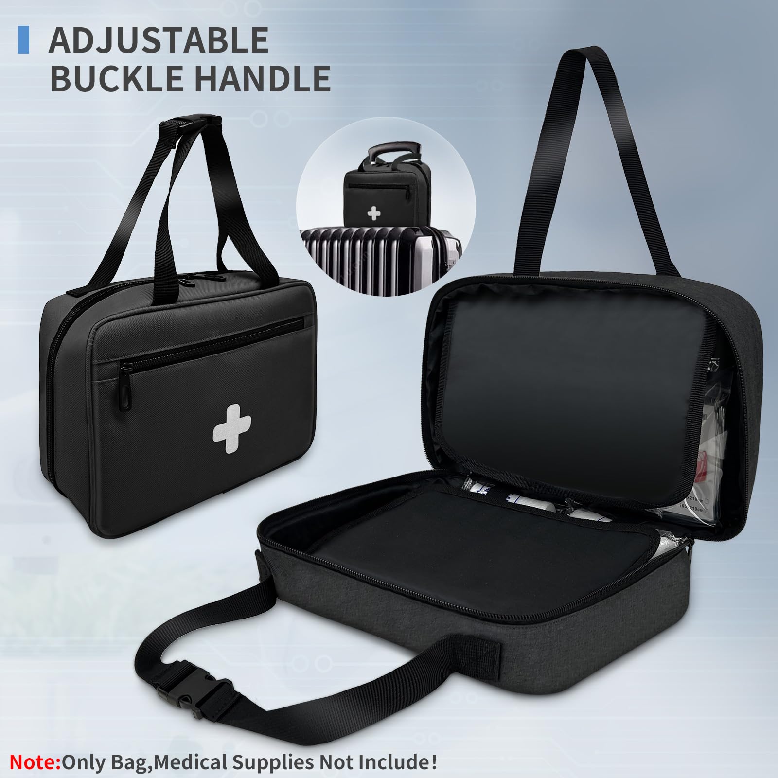 Bolsa de primeros auxilios de emergencia, organizador de suministros médicos compacto y portátil con múltiples compartimentos, ideal para viajes, camping, senderismo y uso doméstico (negro)