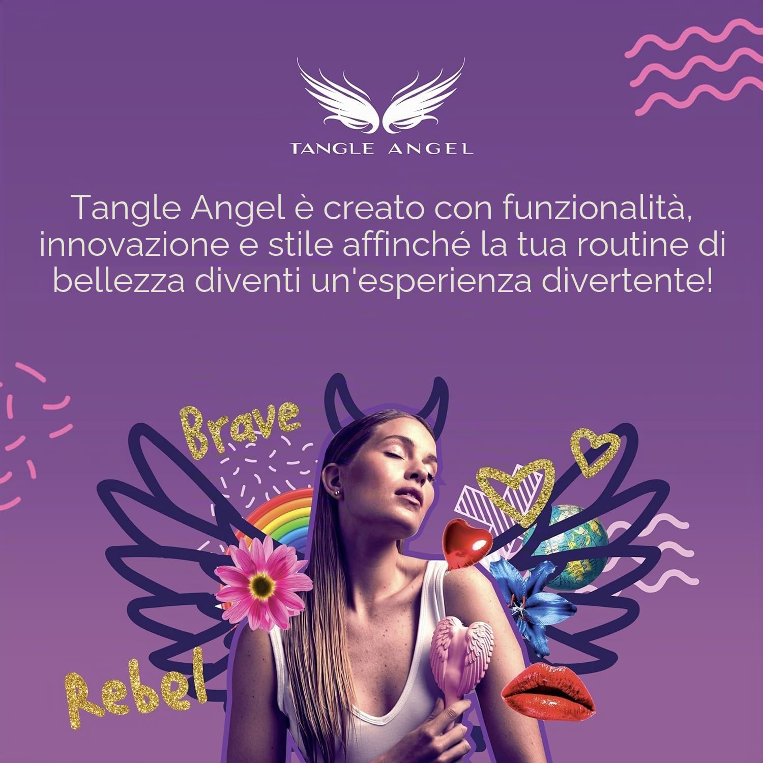 Tangle Angel Spazzola districante per capelli da donna, antistatica, con ali d'angelo, per capelli bagnati e asciutti, con setole flessibili, per capelli lisci, ondulati e ricci, regalo ideale per