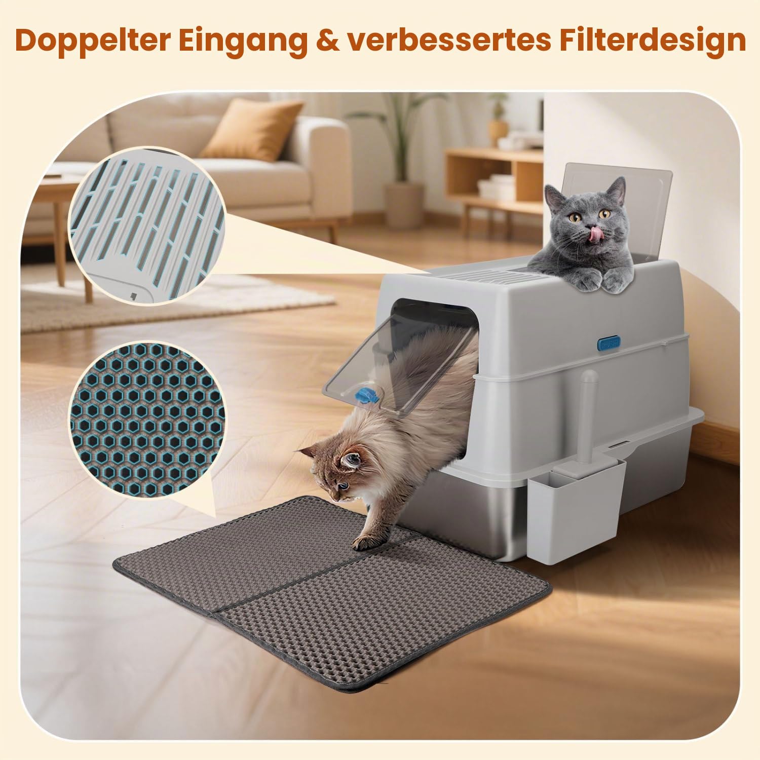 Nobleza Geschlossene Katzentoilette Edelstahl XXL mit Deckel – Rostfrei, Geruchsneutral & Einfache Reinigung für Große Katzen, mit Doppelschicht Matte + Schaufel