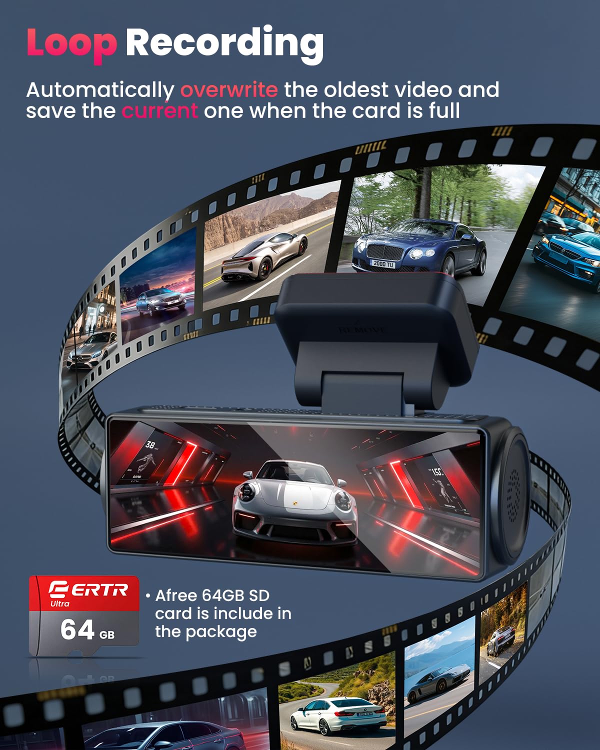 4K Dash Cam Vorne und Hinten, 5GHz WLAN Dashcam mit 64GB SD-Karte, Dual Car Dash Camera, Full HD Dash Cam mit APP-Steuerung, G-Sensor, WDR, USB, Loop Recording Einfache Einrichtung