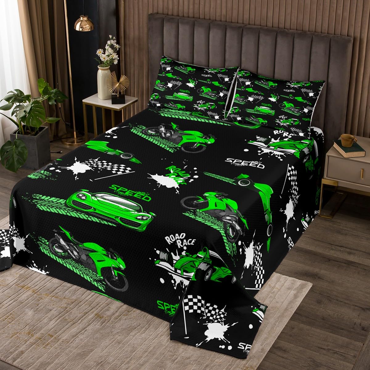 Erosebridal Boys Race Car Quilt Set Blue Green Racing Car Bedspread Set Twin Size,Speed Sports Car Bedspread Sets Extreme Sports Coverlet Set for Kids Girls Teens Cool Dirt Bike Motocross Bed Set