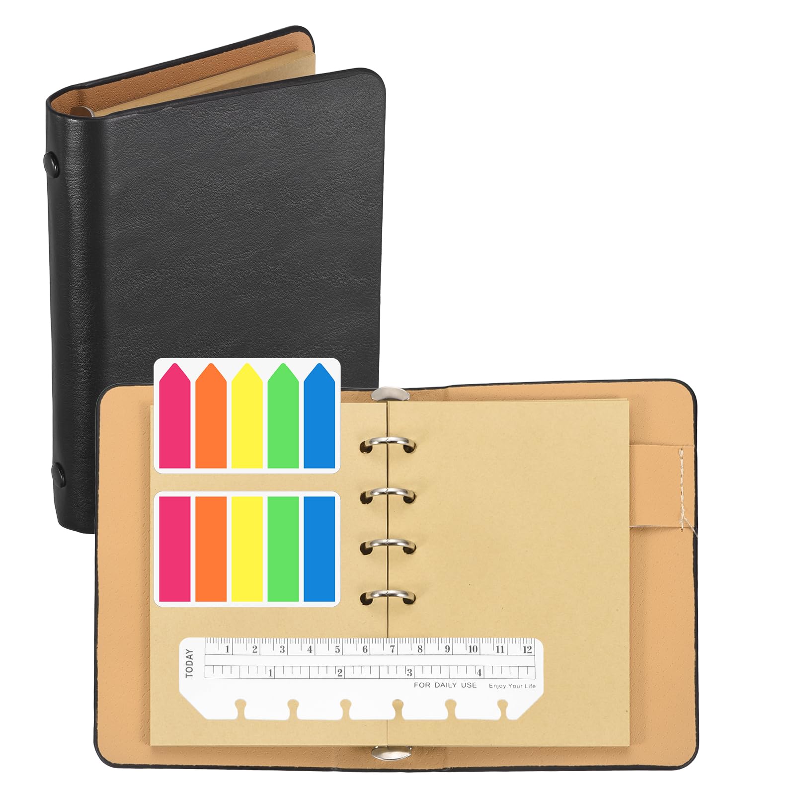 PATIKIL A6 Kraft Pages 6 Ring Binder, Leather Notebook with Transparent Bookmark Ruler and Colorful Index Sticky Tabs for Office Study Work, Black