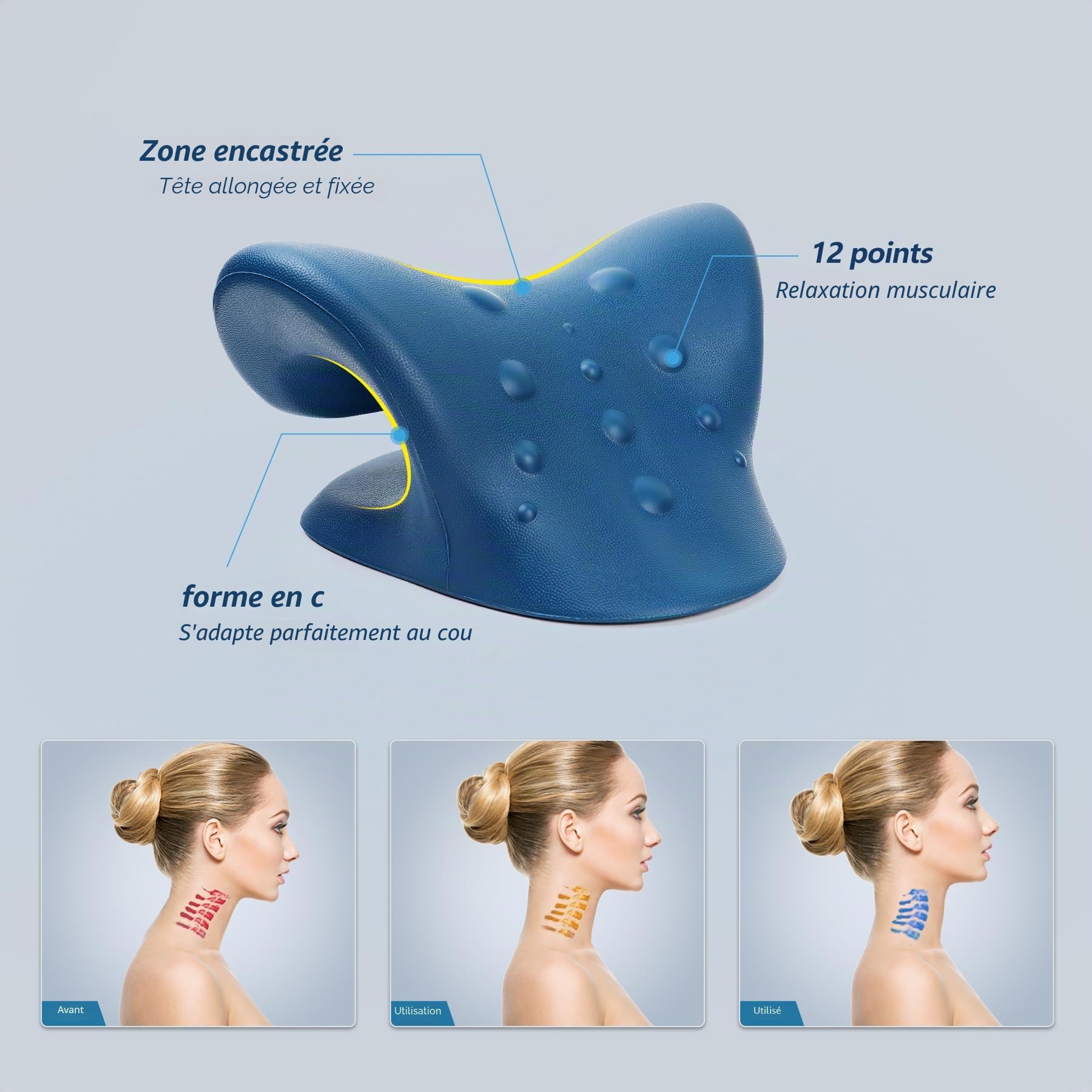 Cozyhealth Étireur de cou pour soulager les douleurs cervicales, relaxant du cou et des épaules, dispositif de traction cervicale, oreiller pour soulager la douleur de l'ATM (bleu foncé)
