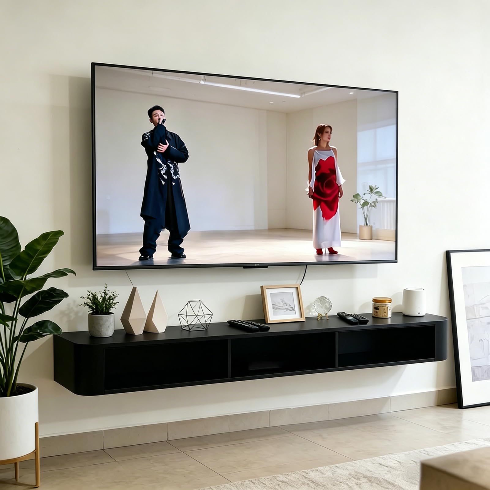 Nowoczesna szafka pod telewizor 160CM w kolorze czarnym, szafka niska z 2 szufladami i 1 klapką, stolik pod telewizor z zarządzaniem kablami, stół TV do salonu i jadalni