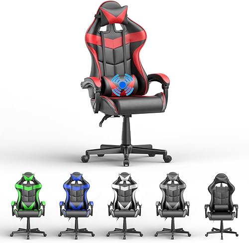 Soontrans Silla roja para juegos, silla de computadora con soporte lumbar de masaje y reposacabezas, silla de escritorio de ajuste de altura con