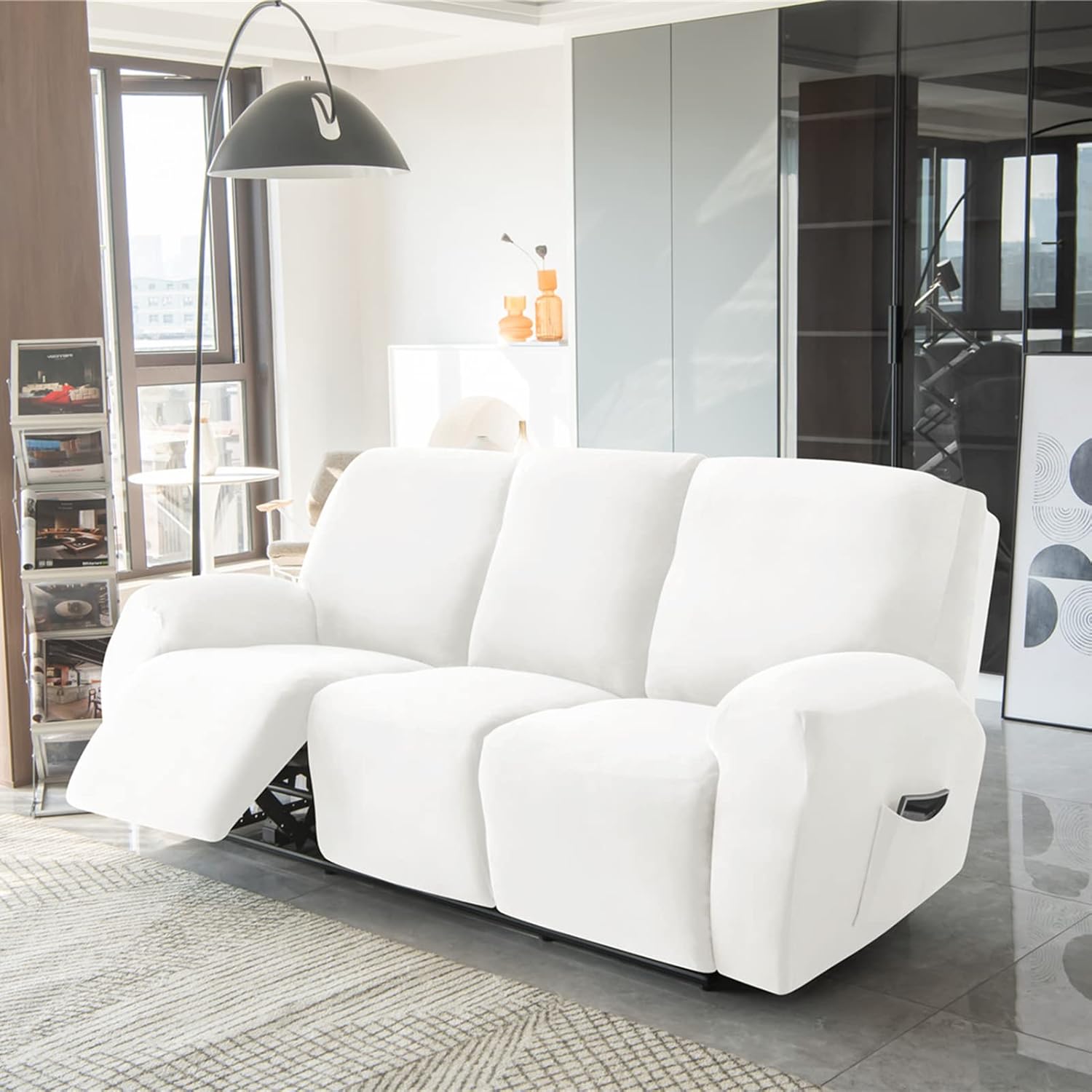 Seater Recliner Sofa Covers Recliner Slipcover for 3 Seater Stretch Velvet 8-Pieces Reclining Couch Covers Furniture Protector (White)