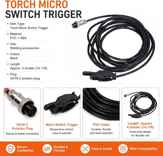 Tig Torch Finger Control Switch with 4. Wire Line and GX16-2 2 Pin Aviation Plug, Ergonomic Trigger Replacement for TIG Welding Torches